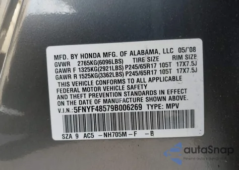 2009 Honda Pilot Ex-L z USA, uszkodzony, nr VIN 5FNYF48579B006269